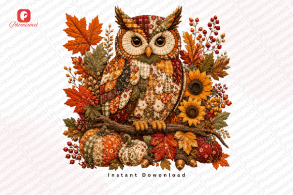 Download Patchwork Autumn Fall Woodland Owl PNG - Premium Bundle